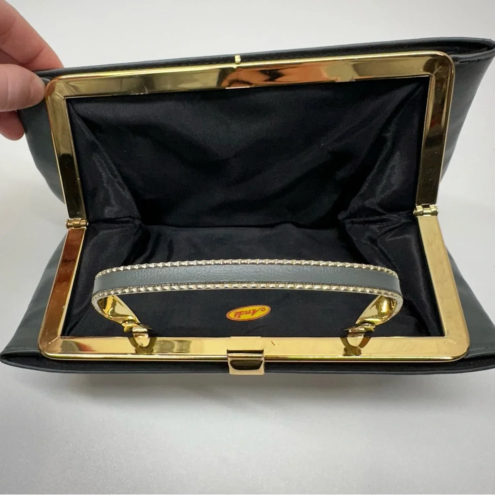 Vintage Ande Grey Faux Leather Gold Accent Evening Clutch Purse Retro Handle